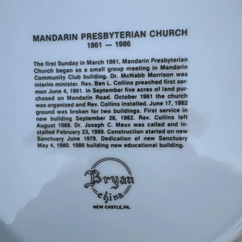 Vintage Mandarin Presbyterian Church Commemorative Plate – Jacksonville Florida
